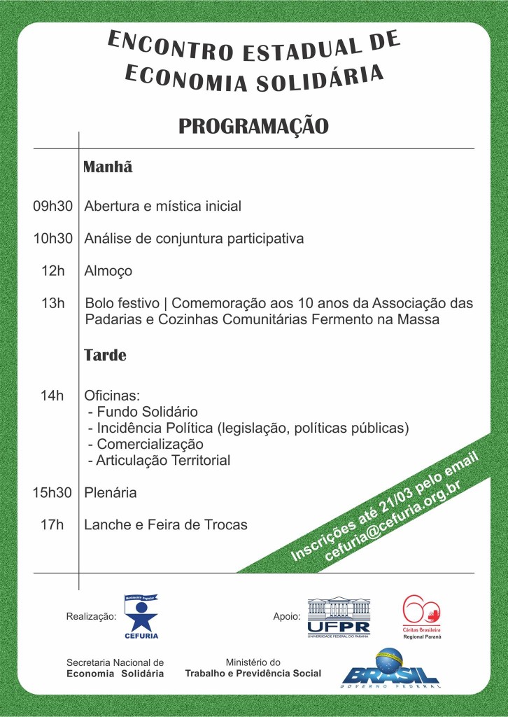 ENCONTRO ESTADUAL DE ECONOMIA SOLIDÁRIA - PROGRAMAÇÃO